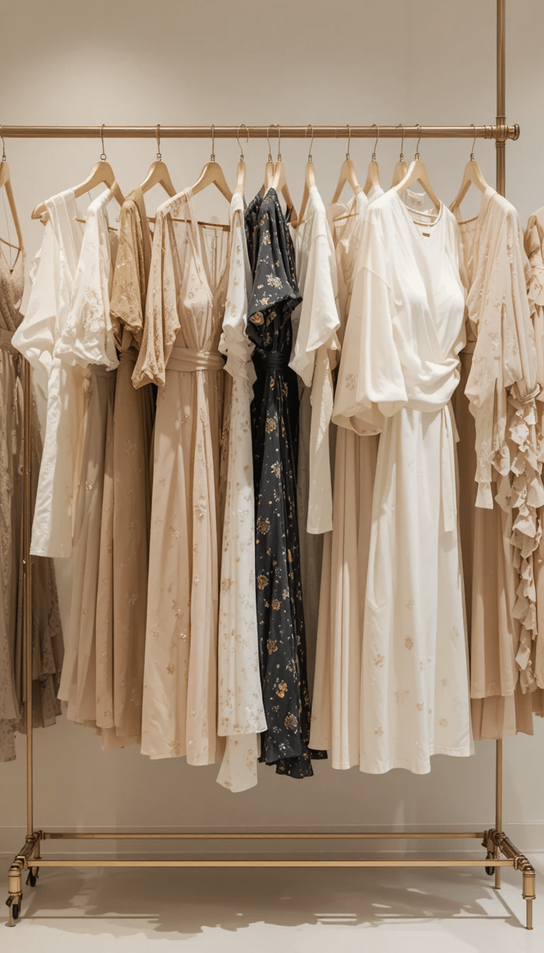 Elegant display of women’s fashion exports — dresses, blouses, skirts, and workwear on a modern clothing rack, neutral off-white background, soft diffused lighting, accents of champagne gold hangers, luxury export showroom look, editorial fashion shoot quality.