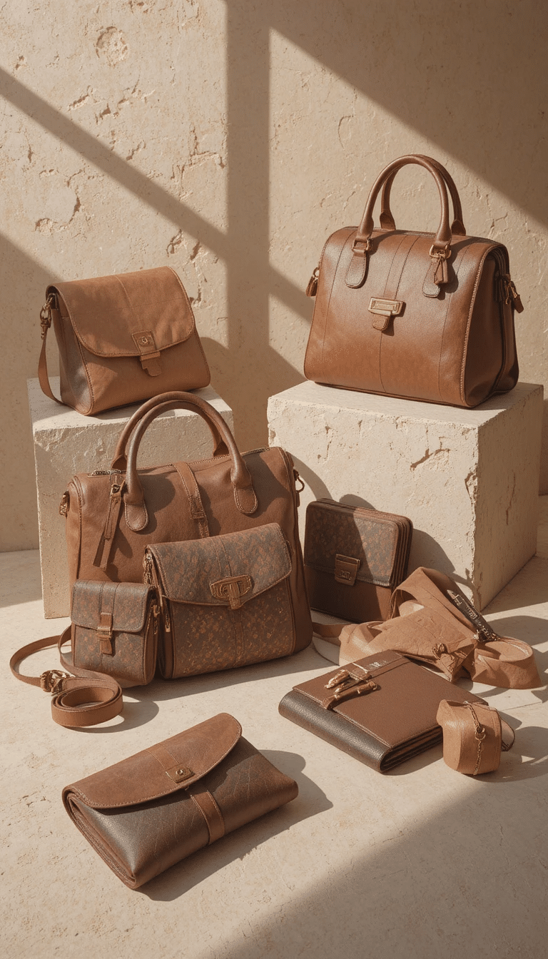 “Premium leather handbags, wallets, and belts displayed on a soft-textured surface, warm natural light, muted tones of brown, beige, and gold, craftsmanship details visible, elegant export product photography, professional fashion lookbook style.