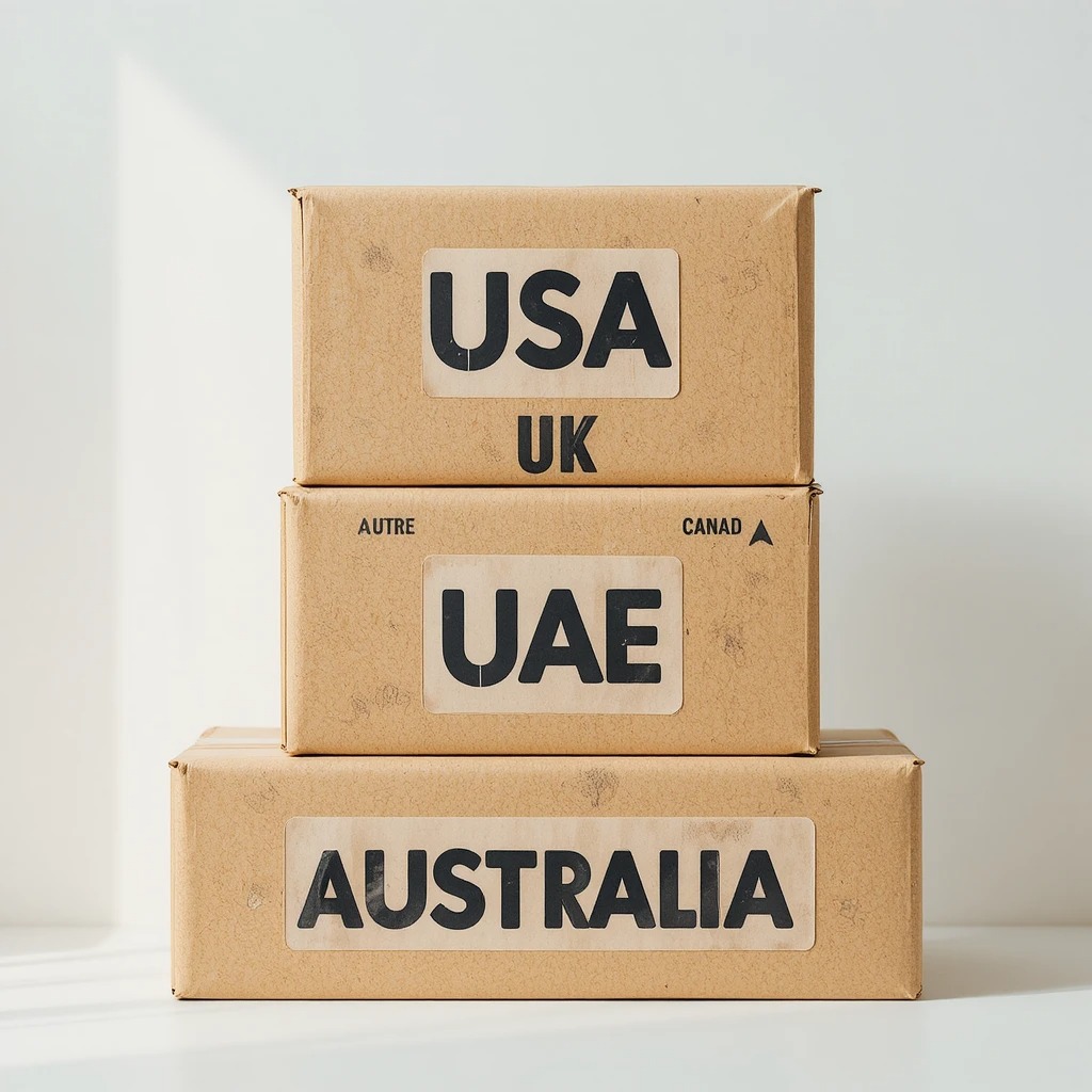 Stylized photo of stacked shipping boxes labeled USA, UK, UAE, Australia, Canada — export logistics concept, focus on label and texture, soft daylight, minimal background, clean modern tone, symbolizing international apparel trade.