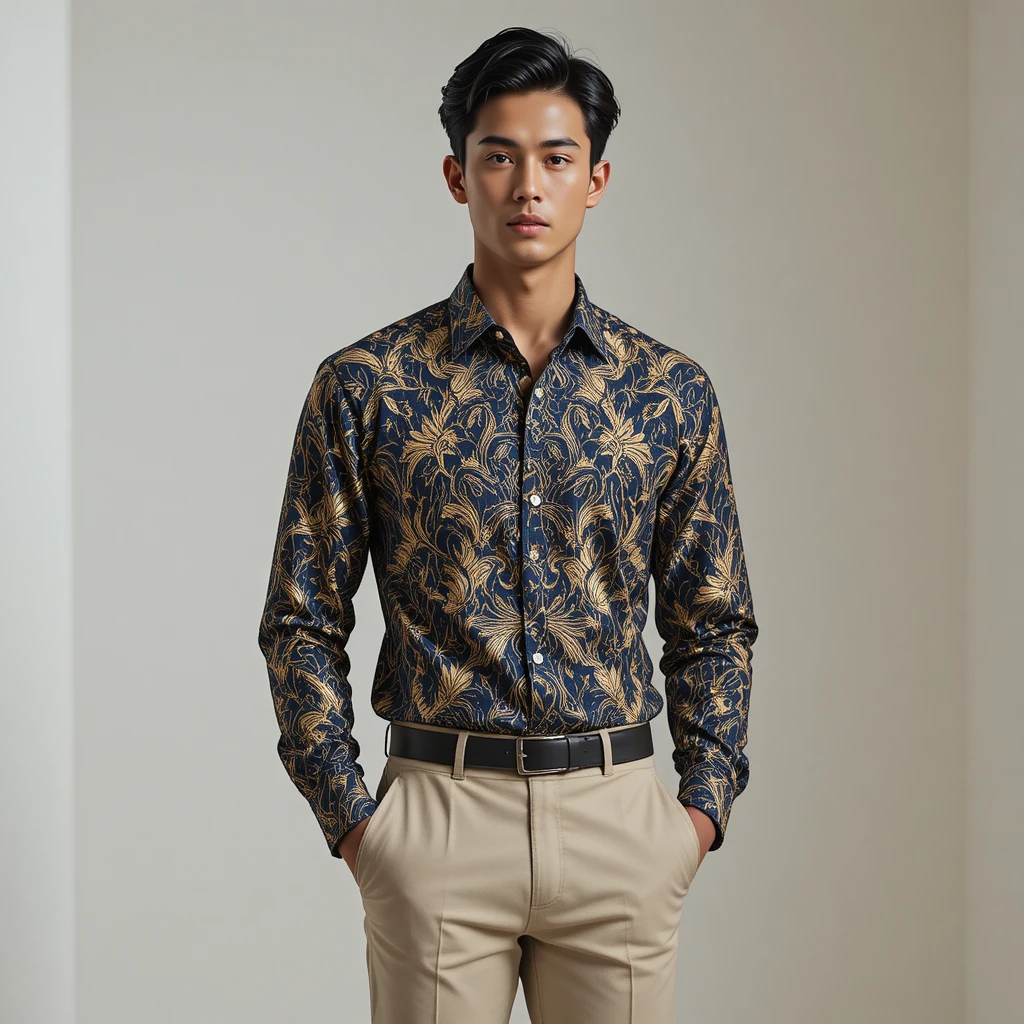 Model wearing export-quality men’s shirt and chinos in minimalist studio, navy and gold tones, clean white background, soft lighting, modern global fashion export aesthetic.