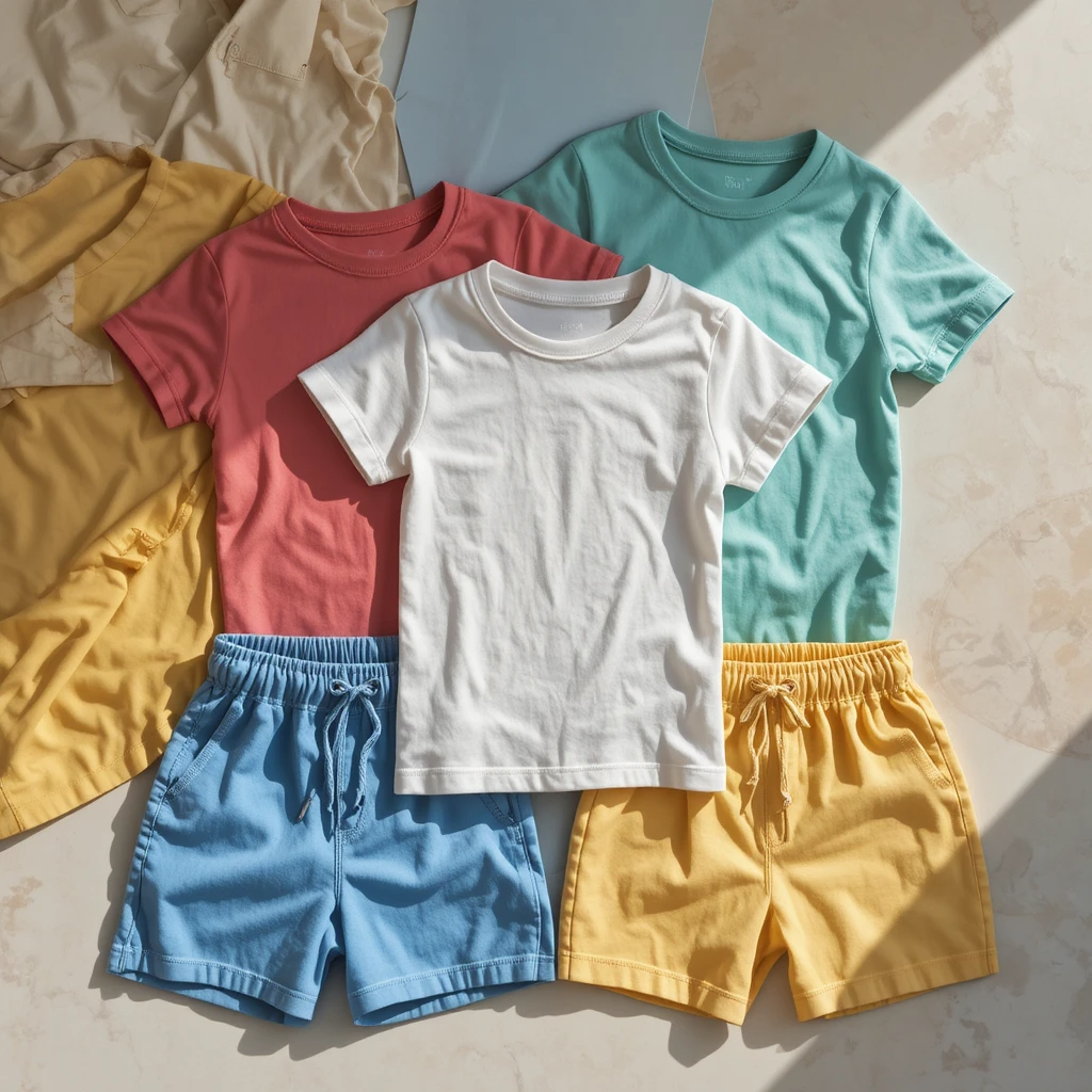 Flat lay of kidswear collection — colorful cotton tees and shorts folded neatly, pastel colors, natural daylight, eco-friendly materials focus.
