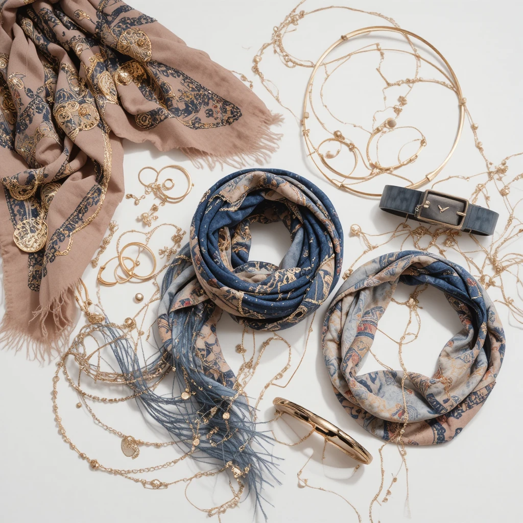 Assorted fashion accessories — scarves, belts, jewelry arranged on minimal white background with gold accents, export catalog photography style.